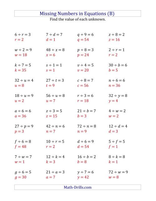 The Missing Numbers in Equations (Variables) -- Division (Range 1 to 9) (B) Math Worksheet Page 2