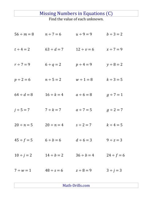 The Missing Numbers in Equations (Variables) -- Division (Range 1 to 9) (C) Math Worksheet