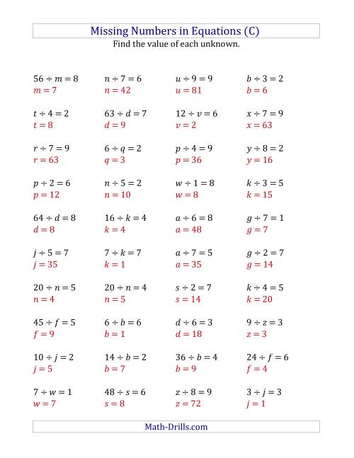 The Missing Numbers in Equations (Variables) -- Division (Range 1 to 9) (C) Math Worksheet Page 2