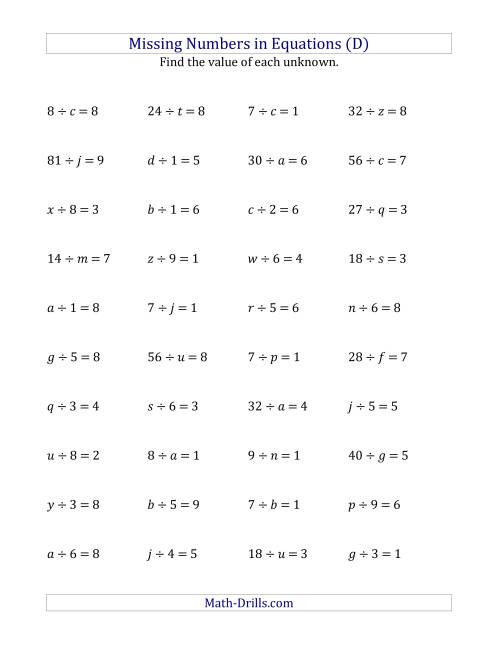 The Missing Numbers in Equations (Variables) -- Division (Range 1 to 9) (D) Math Worksheet
