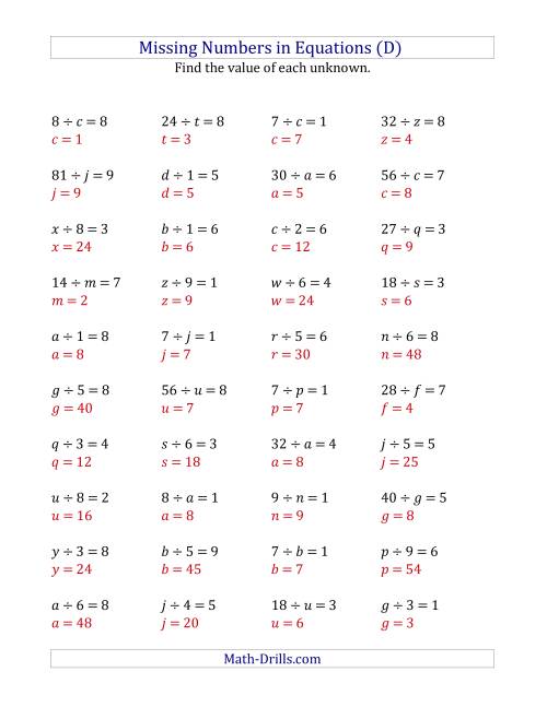 The Missing Numbers in Equations (Variables) -- Division (Range 1 to 9) (D) Math Worksheet Page 2