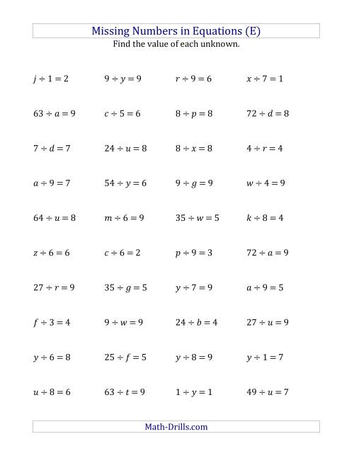 The Missing Numbers in Equations (Variables) -- Division (Range 1 to 9) (E) Math Worksheet