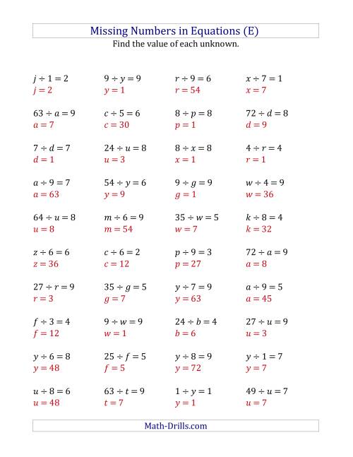 The Missing Numbers in Equations (Variables) -- Division (Range 1 to 9) (E) Math Worksheet Page 2