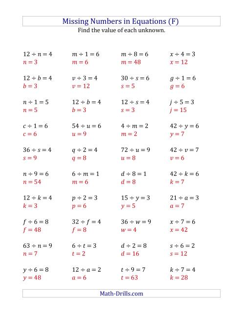 The Missing Numbers in Equations (Variables) -- Division (Range 1 to 9) (F) Math Worksheet Page 2
