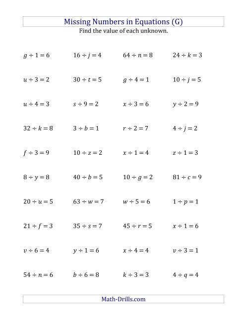 The Missing Numbers in Equations (Variables) -- Division (Range 1 to 9) (G) Math Worksheet