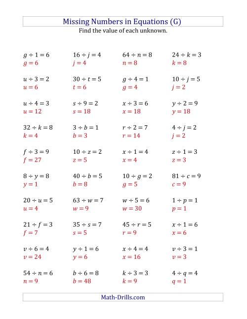 The Missing Numbers in Equations (Variables) -- Division (Range 1 to 9) (G) Math Worksheet Page 2