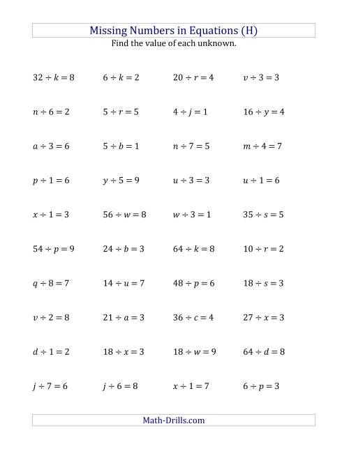 The Missing Numbers in Equations (Variables) -- Division (Range 1 to 9) (H) Math Worksheet