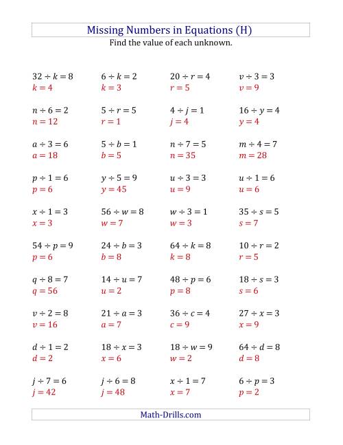 The Missing Numbers in Equations (Variables) -- Division (Range 1 to 9) (H) Math Worksheet Page 2