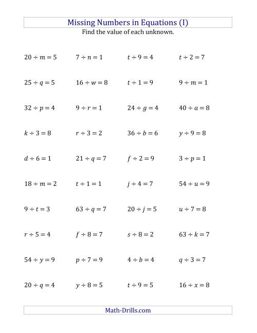 The Missing Numbers in Equations (Variables) -- Division (Range 1 to 9) (I) Math Worksheet