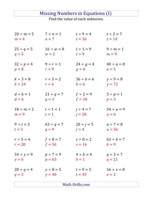 The Missing Numbers in Equations (Variables) -- Division (Range 1 to 9) (I) Math Worksheet Page 2