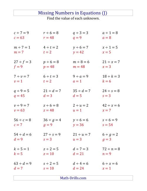 The Missing Numbers in Equations (Variables) -- Division (Range 1 to 9) (J) Math Worksheet Page 2