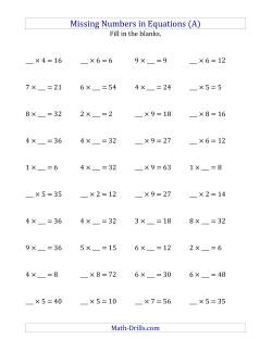 Missing Numbers in Equations (Blanks) -- Multiplication (Range 1 to 9)