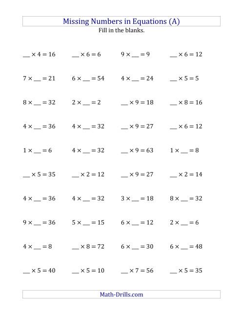 The Missing Numbers in Equations (Blanks) -- Multiplication (Range 1 to 9) (A) Math Worksheet
