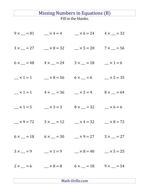 The Missing Numbers in Equations (Blanks) -- Multiplication (Range 1 to 9) (B) Math Worksheet