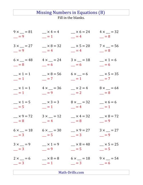 The Missing Numbers in Equations (Blanks) -- Multiplication (Range 1 to 9) (B) Math Worksheet Page 2