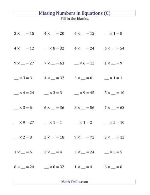 The Missing Numbers in Equations (Blanks) -- Multiplication (Range 1 to 9) (C) Math Worksheet