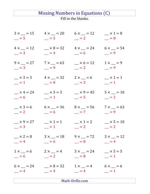 The Missing Numbers in Equations (Blanks) -- Multiplication (Range 1 to 9) (C) Math Worksheet Page 2
