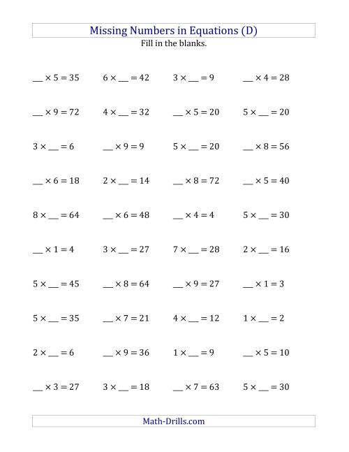The Missing Numbers in Equations (Blanks) -- Multiplication (Range 1 to 9) (D) Math Worksheet