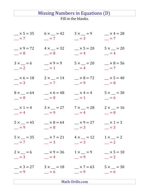 The Missing Numbers in Equations (Blanks) -- Multiplication (Range 1 to 9) (D) Math Worksheet Page 2