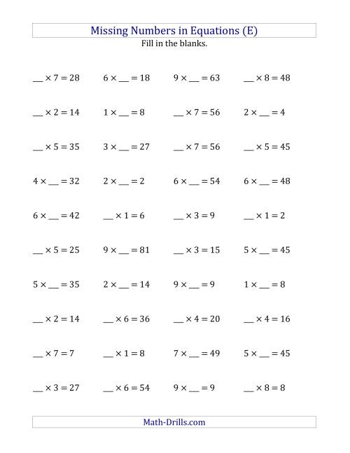 The Missing Numbers in Equations (Blanks) -- Multiplication (Range 1 to 9) (E) Math Worksheet