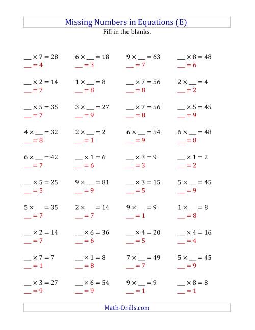 The Missing Numbers in Equations (Blanks) -- Multiplication (Range 1 to 9) (E) Math Worksheet Page 2