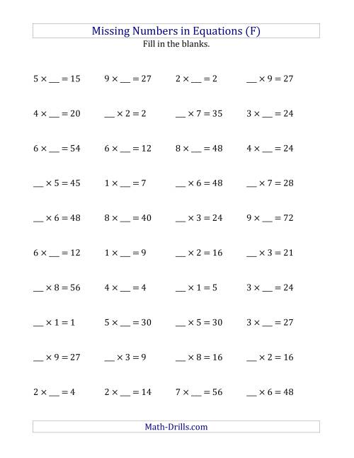 The Missing Numbers in Equations (Blanks) -- Multiplication (Range 1 to 9) (F) Math Worksheet