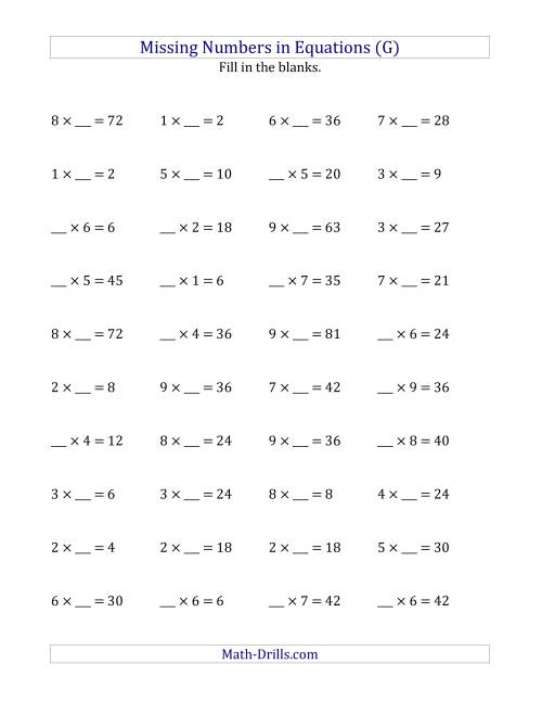 The Missing Numbers in Equations (Blanks) -- Multiplication (Range 1 to 9) (G) Math Worksheet