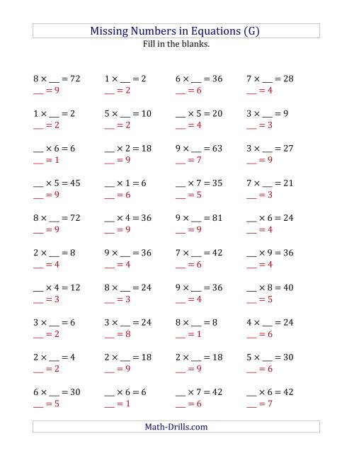 The Missing Numbers in Equations (Blanks) -- Multiplication (Range 1 to 9) (G) Math Worksheet Page 2