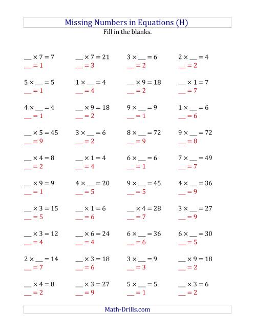 The Missing Numbers in Equations (Blanks) -- Multiplication (Range 1 to 9) (H) Math Worksheet Page 2
