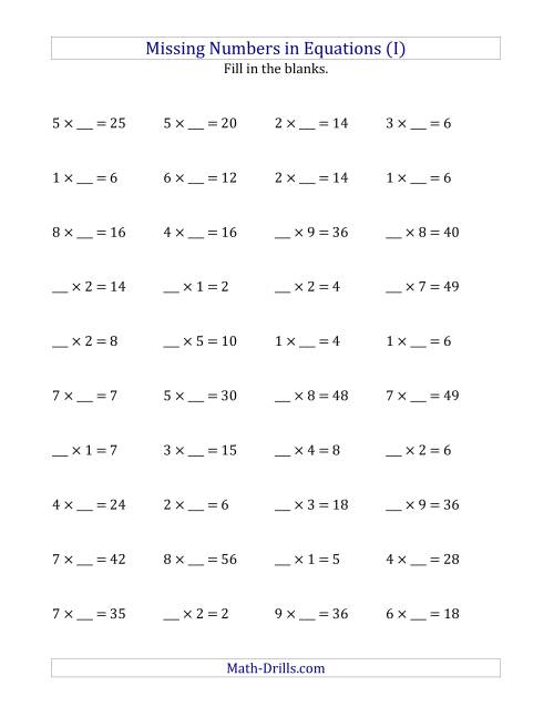The Missing Numbers in Equations (Blanks) -- Multiplication (Range 1 to 9) (I) Math Worksheet