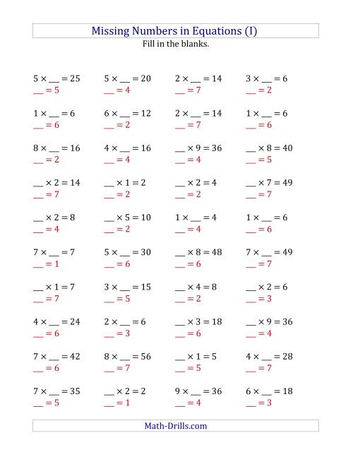 The Missing Numbers in Equations (Blanks) -- Multiplication (Range 1 to 9) (I) Math Worksheet Page 2