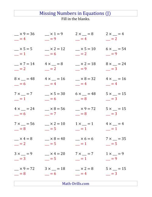 The Missing Numbers in Equations (Blanks) -- Multiplication (Range 1 to 9) (J) Math Worksheet Page 2