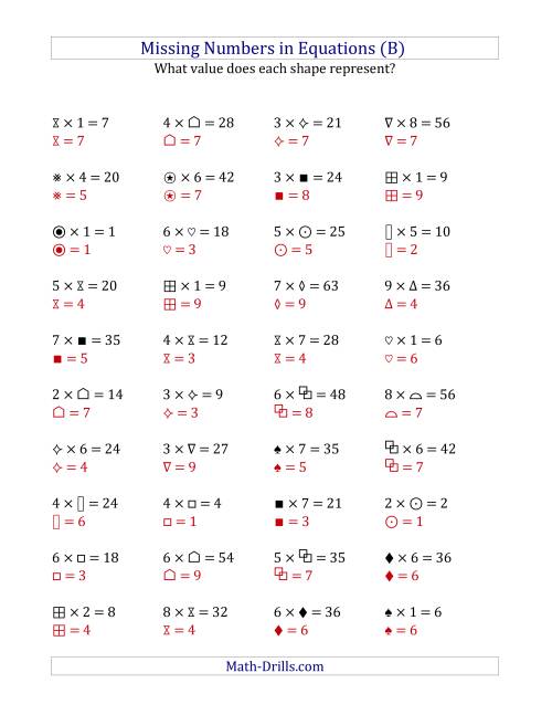 The Missing Numbers in Equations (Symbols) -- Multiplication (Range 1 to 9) (B) Math Worksheet Page 2