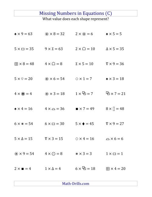 The Missing Numbers in Equations (Symbols) -- Multiplication (Range 1 to 9) (C) Math Worksheet
