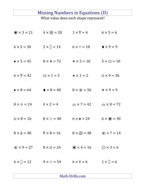 The Missing Numbers in Equations (Symbols) -- Multiplication (Range 1 to 9) (D) Math Worksheet