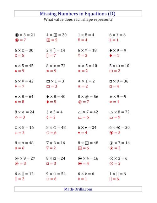 The Missing Numbers in Equations (Symbols) -- Multiplication (Range 1 to 9) (D) Math Worksheet Page 2