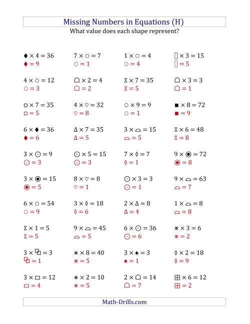 The Missing Numbers in Equations (Symbols) -- Multiplication (Range 1 to 9) (H) Math Worksheet Page 2