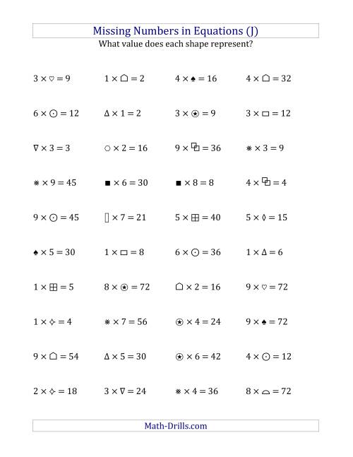 The Missing Numbers in Equations (Symbols) -- Multiplication (Range 1 to 9) (J) Math Worksheet