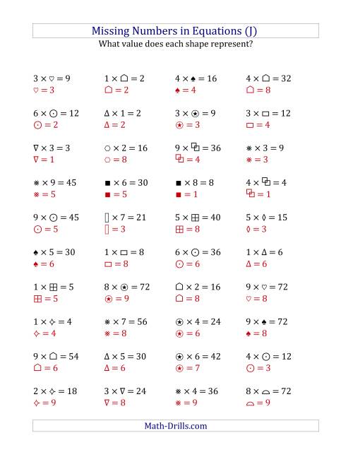 The Missing Numbers in Equations (Symbols) -- Multiplication (Range 1 to 9) (J) Math Worksheet Page 2