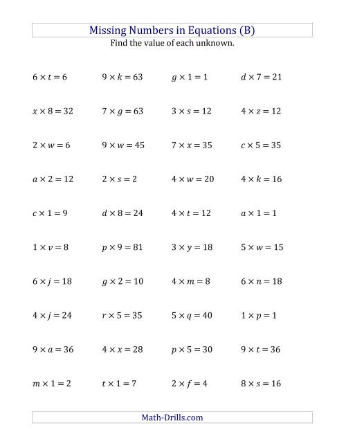 The Missing Numbers in Equations (Variables) -- Multiplication (Range 1 to 9) (B) Math Worksheet