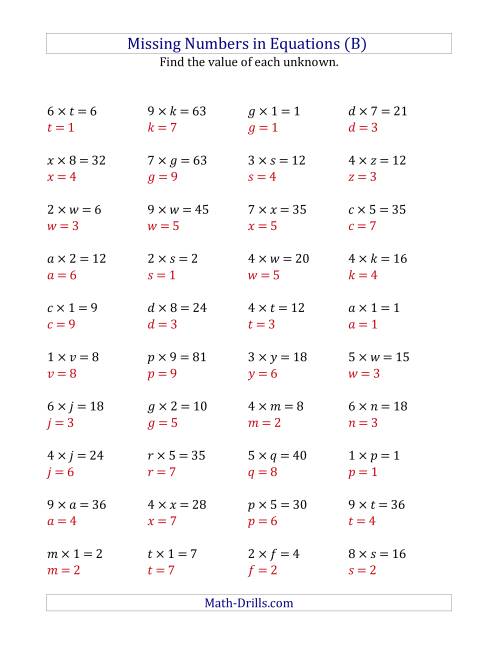 The Missing Numbers in Equations (Variables) -- Multiplication (Range 1 to 9) (B) Math Worksheet Page 2
