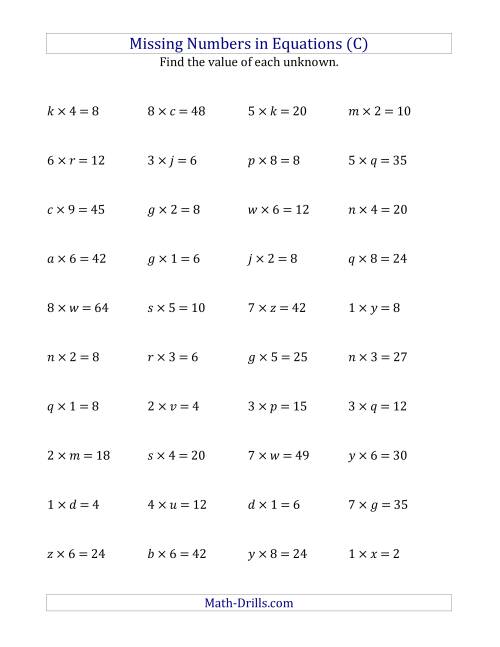 The Missing Numbers in Equations (Variables) -- Multiplication (Range 1 to 9) (C) Math Worksheet
