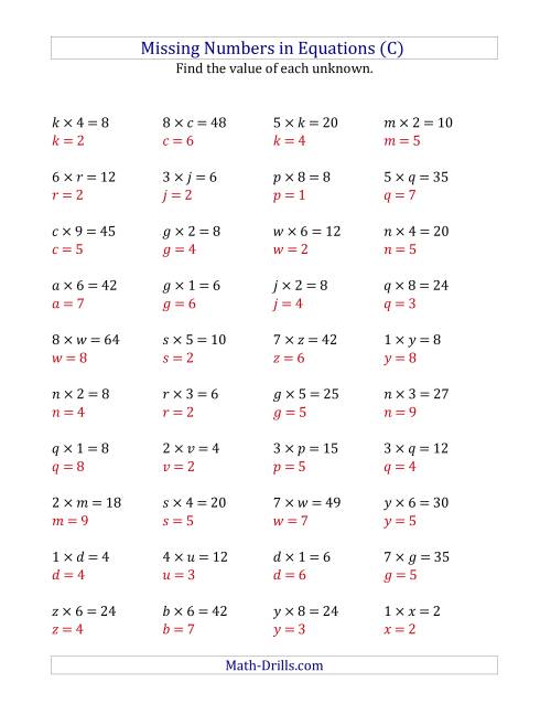 The Missing Numbers in Equations (Variables) -- Multiplication (Range 1 to 9) (C) Math Worksheet Page 2