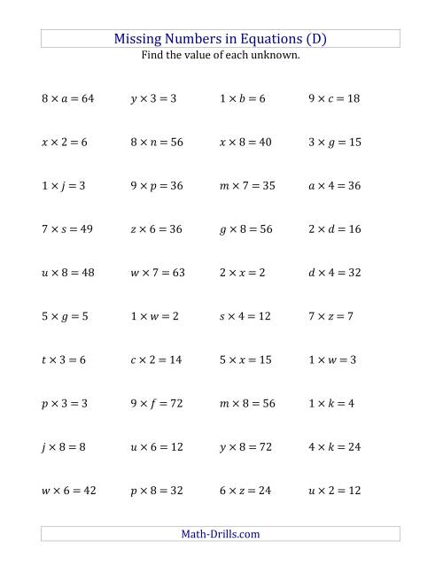 The Missing Numbers in Equations (Variables) -- Multiplication (Range 1 to 9) (D) Math Worksheet
