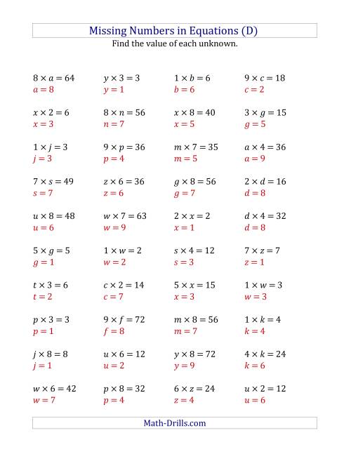 The Missing Numbers in Equations (Variables) -- Multiplication (Range 1 to 9) (D) Math Worksheet Page 2