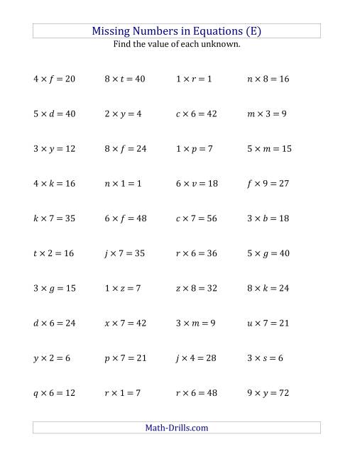 The Missing Numbers in Equations (Variables) -- Multiplication (Range 1 to 9) (E) Math Worksheet
