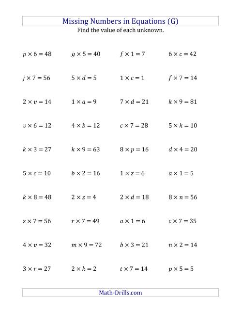 The Missing Numbers in Equations (Variables) -- Multiplication (Range 1 to 9) (G) Math Worksheet