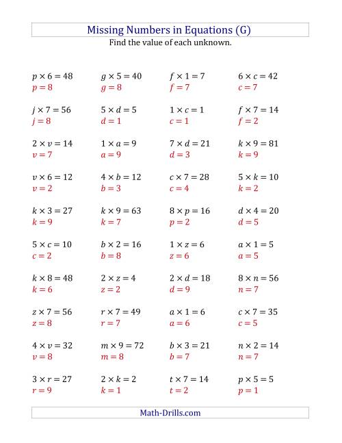 The Missing Numbers in Equations (Variables) -- Multiplication (Range 1 to 9) (G) Math Worksheet Page 2