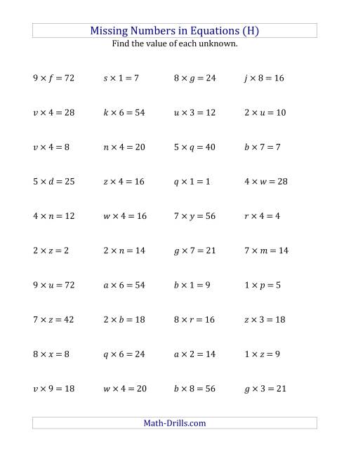 The Missing Numbers in Equations (Variables) -- Multiplication (Range 1 to 9) (H) Math Worksheet