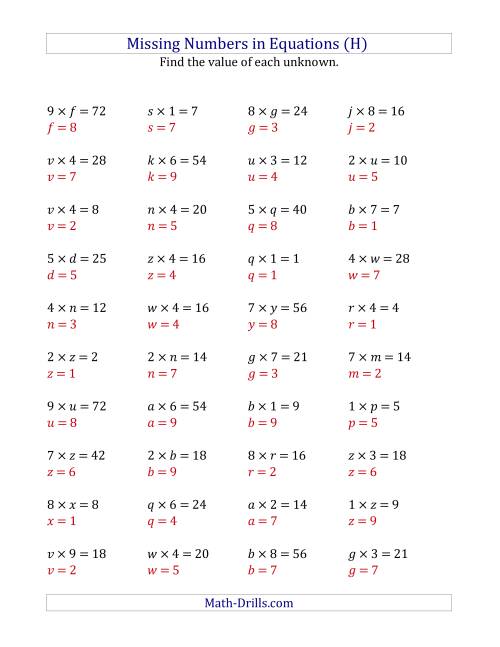 The Missing Numbers in Equations (Variables) -- Multiplication (Range 1 to 9) (H) Math Worksheet Page 2